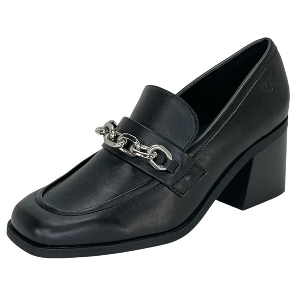Calvin Klein Shoes - Calvin Klein Venty Black Faux Leather Heeled Womens Loafers Size 5M